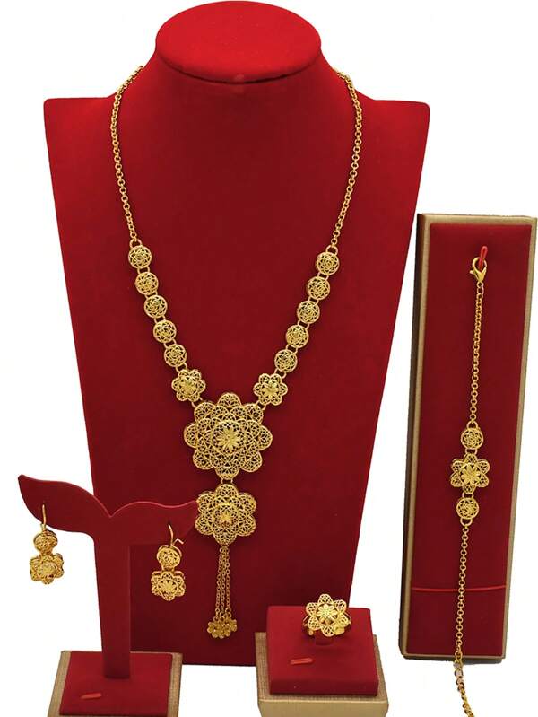4 pièces Ensemble de bijoux Collier long à franges fleur dorée, Boucles d'oreilles, Bracelet, Bague, Accessoire de robe pour mariage, anniversaire, fête, Cadeau pour Mère, Sœur, Petite amie - Style Moyen-Orient Dubai Europe Afrique Arabie Saoudite