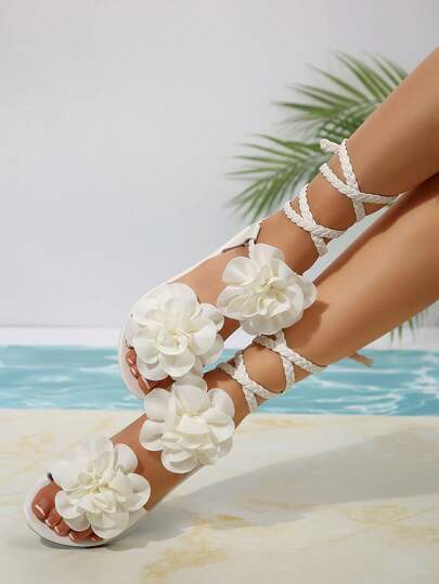 Women Floral Flat Sandals, Casual Open Toe All-Season, Low Heel Design With Tie-Up, Faux Leather Sole And Fabric Lining