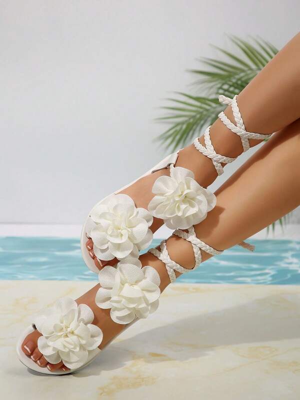 Women Floral Flat Sandals, Casual Open Toe All-Season, Low Heel Design With Tie-Up, Faux Leather Sole And Fabric Lining