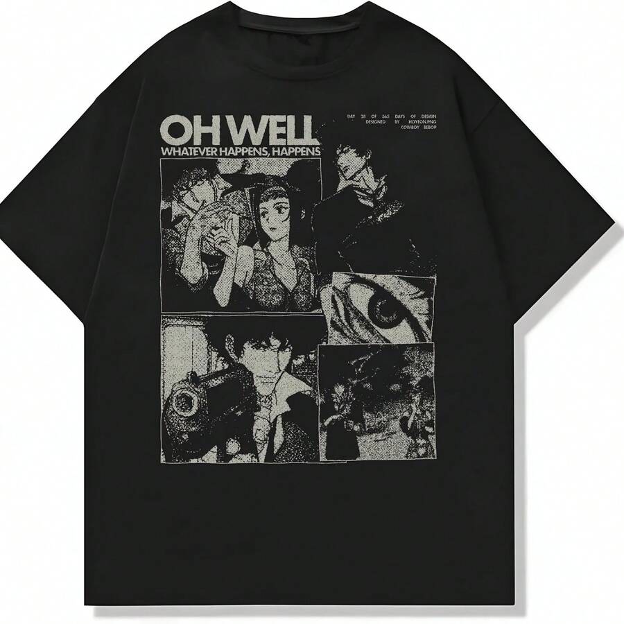 Cowboy Anime Bebop Graphic Tee, Unisex Vintage Y2K Oversized Graphic T-Shirt, Streetwear Grunge Style, Retro Aesthetic Design - 黑色 - 查看 1