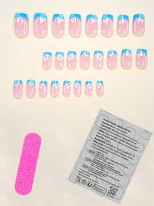 96 片短方形按压式假凝胶指甲，瞬间提升您的外观，清新樱花粉色渐变夏威夷花跳跃色奶油色奶油色天蓝色西柚红色法式春夏全覆盖假指甲，适合女性和女孩，包含 4 片粘合片和 4 片迷你锉刀条果冻凝胶，随机发货 - 彩色 - 查看 5
