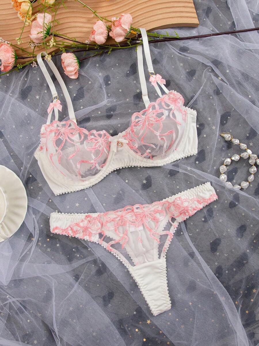 女士性感内衣套装，刺绣套装经典性感刺绣丁字裤 - 粉色 - 查看 1