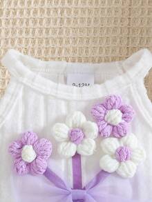 HAO6 0 - 3 Years Baby Girls' Stylish Set: Beige Halter Top With Crochet Flowers & Bow, Brown Ribbed Shorts - Purple - View 3