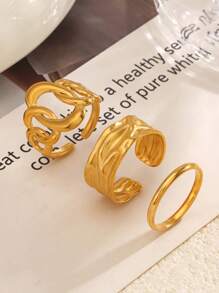3pcs Stainless Steel Plated Gold Geometric Cross & Ellipse Openwork Rings, Stylish For Women Everyday Wear & Outdoor