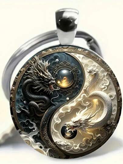 1pc Ying Yang Dragon Keychain - Fashionable Pendant, Black And White Dragon Design, Round Ying Yang Symbol Of Peace And Strength, Suitable For Bags And Backpacks Car Accessories Bag Charm School Cute Goth Y2k