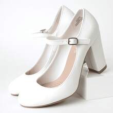 Women's White Wine Rose Gold Black Taupe Beige Grey Lipstick Natural Snake Mary Jane Pumps – Round Toe Ankle Strap Vintage Dress Heels [Size Up Half Size] - 白色 - 查看 9