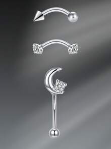 CIZME 3 件 16G 弧形杠铃眉环不锈钢耳钉 16G 眉环套装银链吊坠耳钉 CZ 月亮耳环耳钉耳钉耳钉耳钉饰品男女耳钉耳钉耳钉耳钉耳钉耳钉身体穿孔弧形杠铃