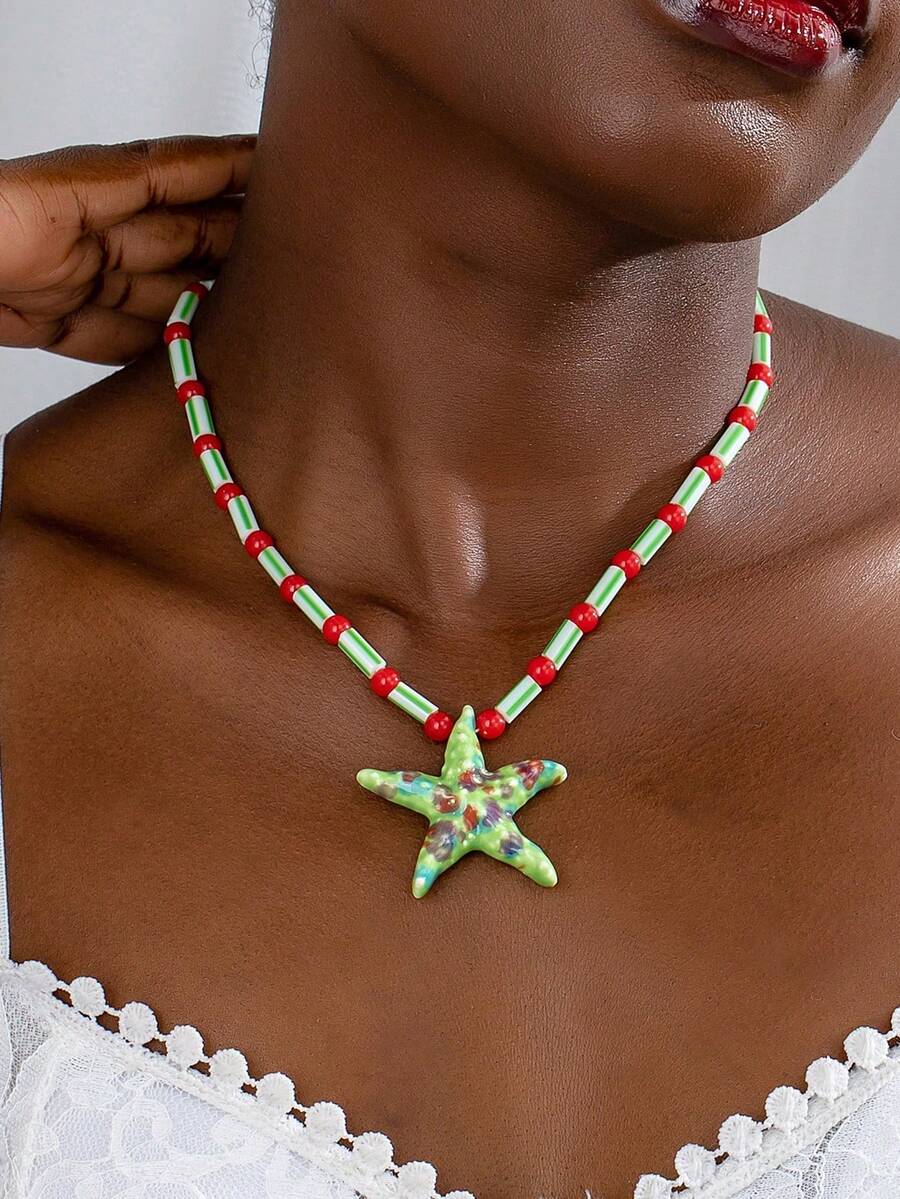 1pc Handmade Summer Ocean Sea Island Beach Starfish Beaded Necklace For Women (Shape And Color Have Randomness) - Multicolor - View 1