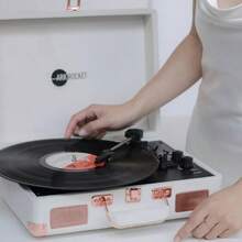 キュリオシティ ブルートゥース ターンテーブル レトロ スーツケース 3速度 レコードプレーヤー 内蔵スピーカー付き (アイボリーベルベット) - なし - チェックする 6