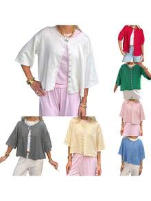 Women Fashion Cardigan Solid Color Buttons Front Elbow Sleeve Sweater Fall Casual Soft Knit Coat - 綠色 - 查看 5