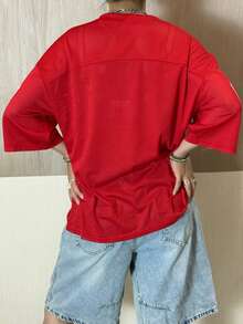 Women Short Sleeve T-Shirts Number Print V-Neck Shirts Summer Loose Casual Tops Streetwear - Red - View 7