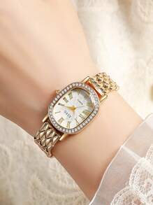 1 Stück XSVO authentische Luxus Damen Armbanduhr aus Stahl mit Strass besetztem Zifferblatt, modisches und elegantes Römische-Ziffern Design