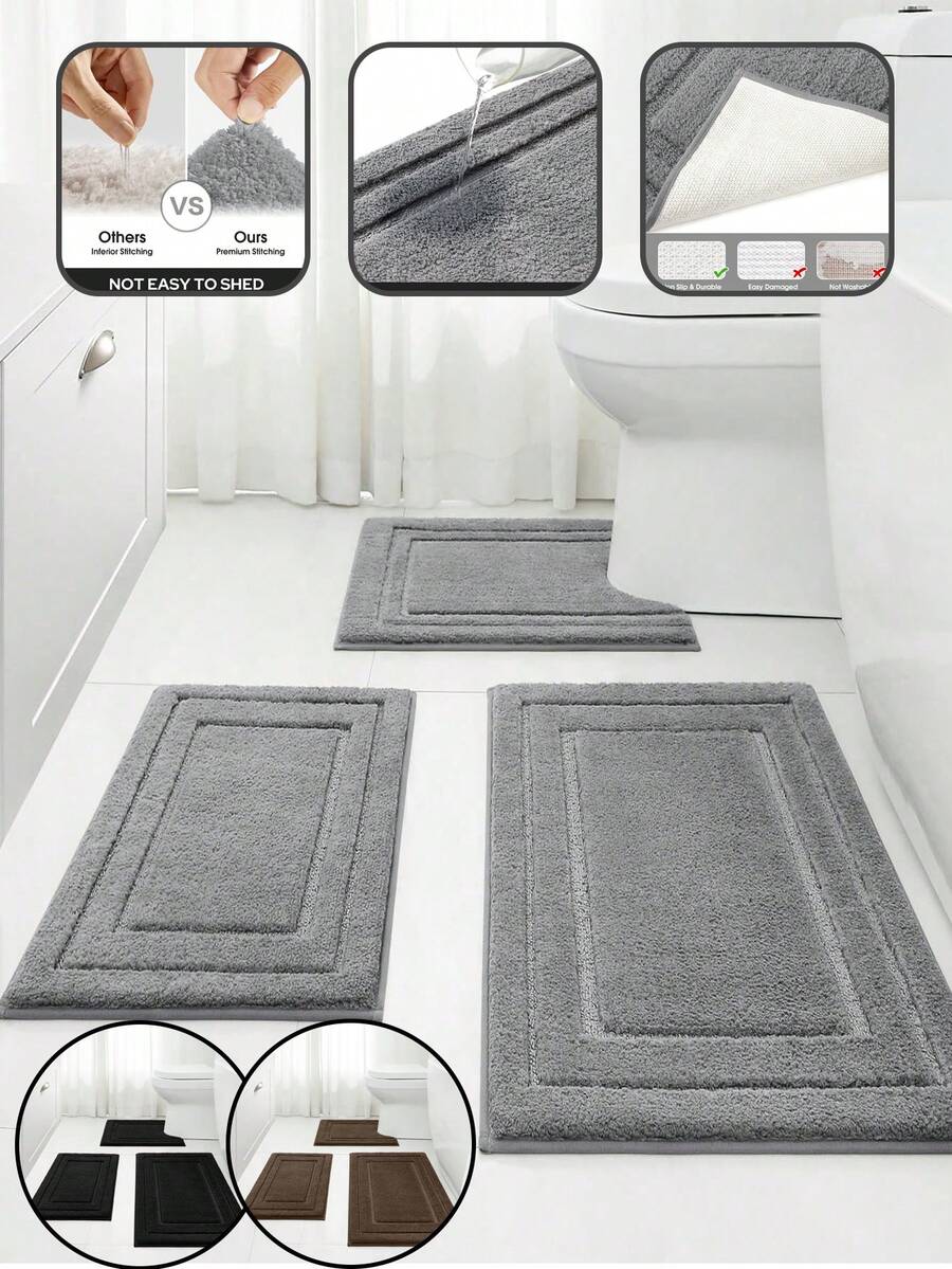 1 件/3 件经典压花植绒吸水防滑浴室垫/地毯套装，四季适用，可机洗，易清洁浴室垫/地毯套装 - 彩色 - 查看 1