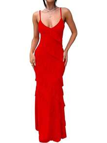 Women's Backless Bodycon Spaghetti Strap Elegant Ruffle Maxi Cocktail Party Dresses, 2025 QMO3 - 紅色 - 查看 1