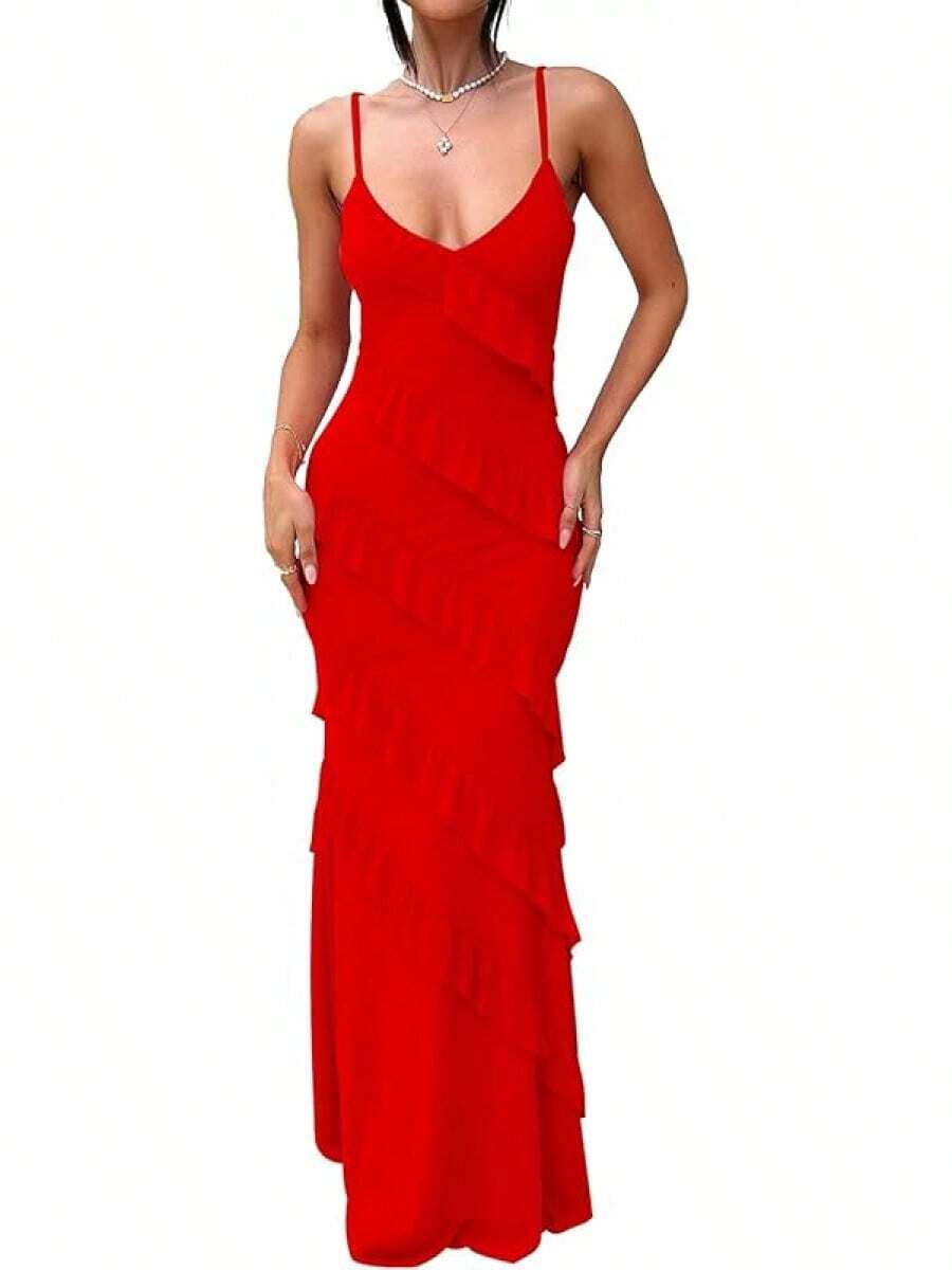Women's Backless Bodycon Spaghetti Strap Elegant Ruffle Maxi Cocktail Party Dresses, 2025 QMO3 - 紅色 - 查看 1