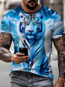 Men's 3D Tiger Print Round Neck Short Sleeve T-Shirt, Casual Summer Wear - Blue - View 1