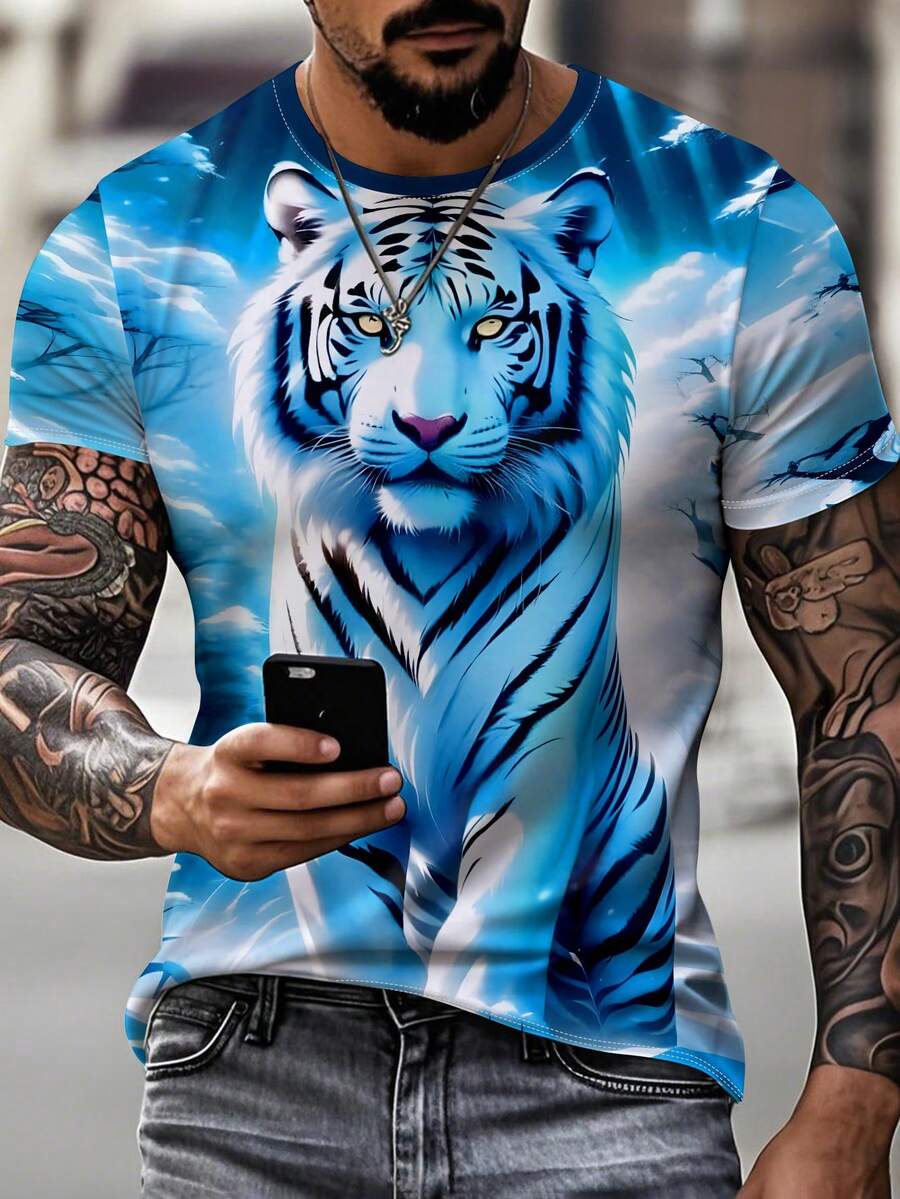 Men's 3D Tiger Print Round Neck Short Sleeve T-Shirt, Casual Summer Wear - Blue - View 1