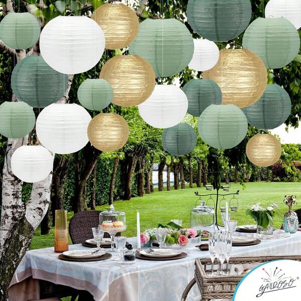 Paper Lanterns Decorative, Round Hanging Paper Lanterns Decorations For Rustic Party Bridal Shower Wedding Sage Green Birthday Party Supplies Gold/Ivory/Sage Green 15pcs