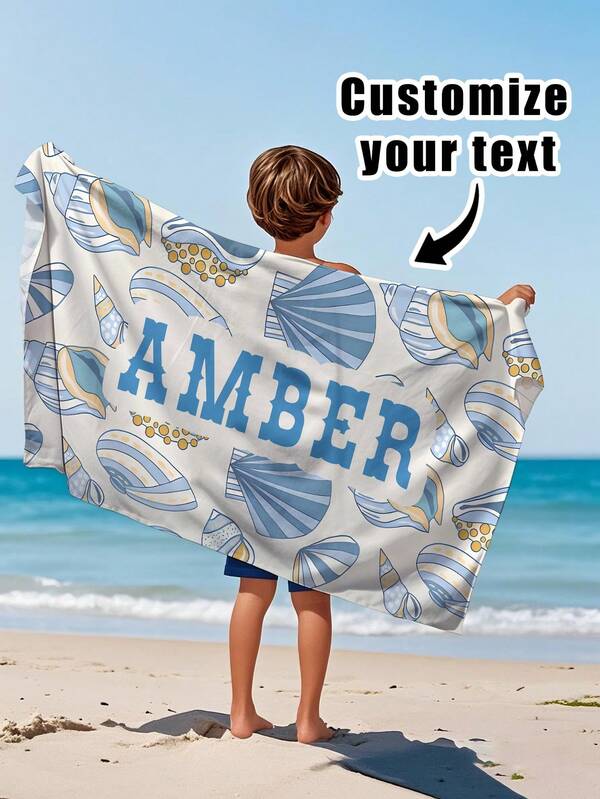 1pc Customized Text Printed Beach Towel, Personalized Kids Bath Towel, Letter Print Travel Blanket, Soft Absorbent Pool Towel