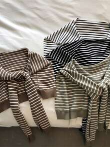 1件女士时尚条纹针织外套撞色小披肩，春秋夏防晒多功能办公网纱明星空调房颈椎保护围巾肩部背心，四季皆宜，RC连衣裙 - 彩色 - 查看 3