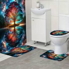 [Dusch-Set] 1/4 Stück Duschvorhang Set mit Lebensbaum Muster, mit 12 Haken, Duschvorhang, rutschfeste Badematte, U-förmige Toilettenvorlage, Toilette-Sitzabdeckung, Schlafzimmer Dekoration, Wohndekoration, Badezimmer Dekoration, Accessoires, Geschenk für Feiertage und Schulanfang