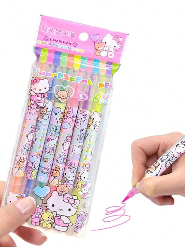 Sanrio Sanrio's Hello Kitty Zeichenstifte, Kitty Katzen süße Faserschreiber mit weicher Spitze in leuchtenden fluoreszierenden Farben, 6er Farb-Set Zeichenstifte, Bürobedarf mit niedlichem Cartoon Design (einige Teile können zufällig sein)