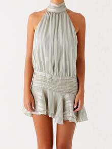 Women's 2025 Summer Halter Dress Sleeveless Open Back Ruffle Tiered Layered Chiffon Pleated A Line Swing Mini Dress Beach Vacation Dress Clothes