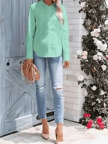 Women's Regular Fit Collared Shirt, Button Front, Smooth Fabric - Green - View 3