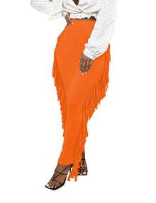 SEBOWEL Cotton Blend Sides Tassel Maxi Skirt Casual Bodycon Skirts Bottom