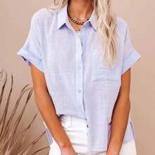 Women's Summer Casual Solid Color Cotton-Linen Cardigan Button-Closure Short-Sleeve Shirt Top For Daily Office Wear - 淡紫色 - 查看 2