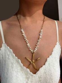 Monlansher Collana con pendente a forma di stella marina in acciaio inossidabile e perline alla moda per donna, collana artigianale con catena e pietra bianca, adatta a uso casual, da festa e quotidiano