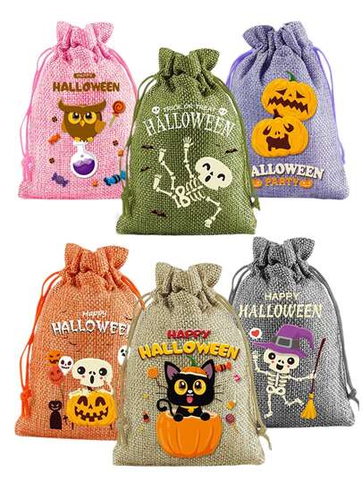 6 件粗麻布束带礼品袋，万圣节派对装饰用的不给糖就捣蛋糖果袋，包装装饰袋 - 可重复使用的万圣节粗麻布袋，用于万圣节派对礼品，用于万圣节派对礼品袋，不给糖就捣蛋糖果袋，万圣节派对用品（4 英寸 X 6 英寸）