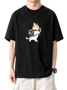 男性用黒猫プリントTシャツ - 夏用カジュアル半袖クルーネック、軽量で通気性のある生地、洗濯機洗い可能、デイリーウェアに適したレギュラーフィット、夏のカジュアルウェア| ねこの柄Tシャツ| 軽量Tシャツ - ブラック - チェックする 2