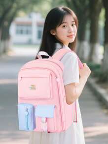 1 pieza Mochila con bloques de color adorable de dopamina (con colgante adorable), mochila grande para niñas, material de poliéster, cierre con cremallera, adecuada para la escuela, el trabajo, el viaje diario, de vuelta a la escuela como regalo