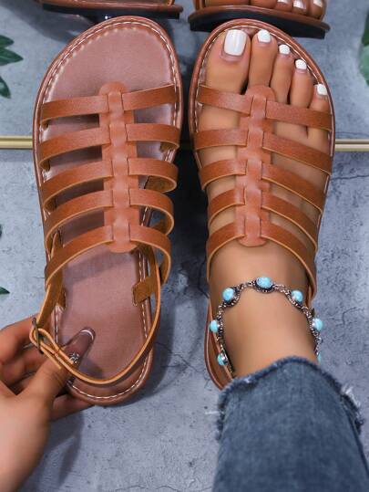 Sandalias romanas para mujer, elegantes y bohemias, de PU con hebilla, planas y de estilo casual para playa, fiesta, boda, oficina y uso en exteriores en verano