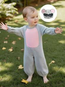 Baby Mouse Costume, Long Sleeve Contrast Color Jumpsuit With Hat Halloween Costume - Grey - View 7