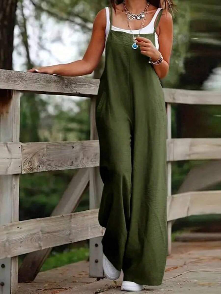 Women's Summer Solid Color Minimalist Casual Fitted Slim Jumpsuit, Chic Street Style Suitable For Vacation And Everyday Wear - xanh quân đội - Xem 1