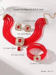 1 conjunto de colar e brincos de cristal geométrico quadrado feminino de luxo, rosa, champanhe dourado, branco, preto e vermelho, e pulseira de cristal multicamadas, para uso formal e diário - Conjunto de três peças de cristal - Ver 5