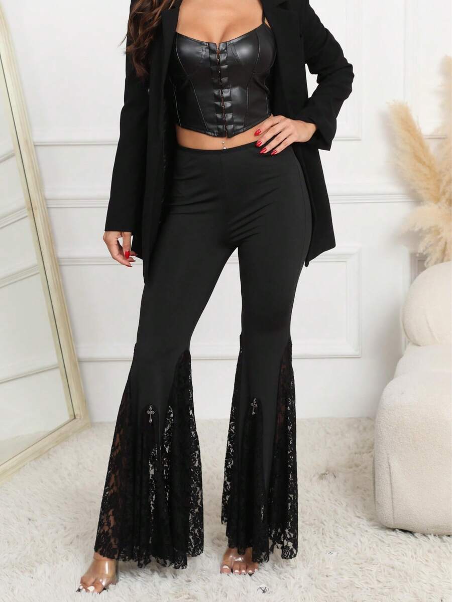Calça gótica sexy justa cintura alta patchwork renda flare - Preto - Ver 1