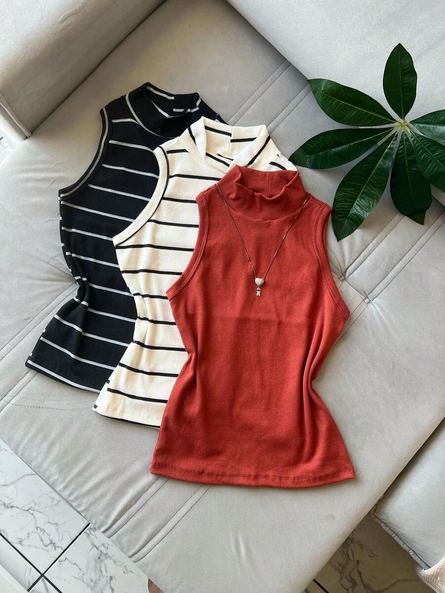 3 Pieces Tank Top Kit With High Neck Ribbed Fabric Striped Basic Long Tank Top Winter Fashion Color Block Cut And Sew Striped Casual Elegant Knitted Button - 套件 3 陶土 - 查看 1