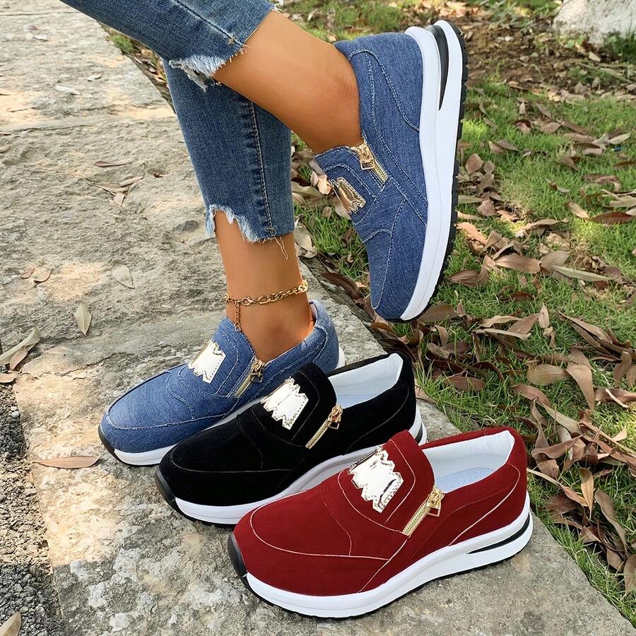 Zapatos deportivos casuales de mujer con cordones al estilo bohemio y preppy, suela gruesa con cuña, cremallera lateral, zapatillas de moda - Azul - Ver 1