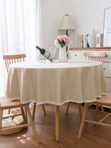 1 件圆形亚麻蕾丝边桌布，适用于客厅、餐厅、圆桌、婚礼装饰、家居装饰、生日派对、户外 - 米色 - 查看 1