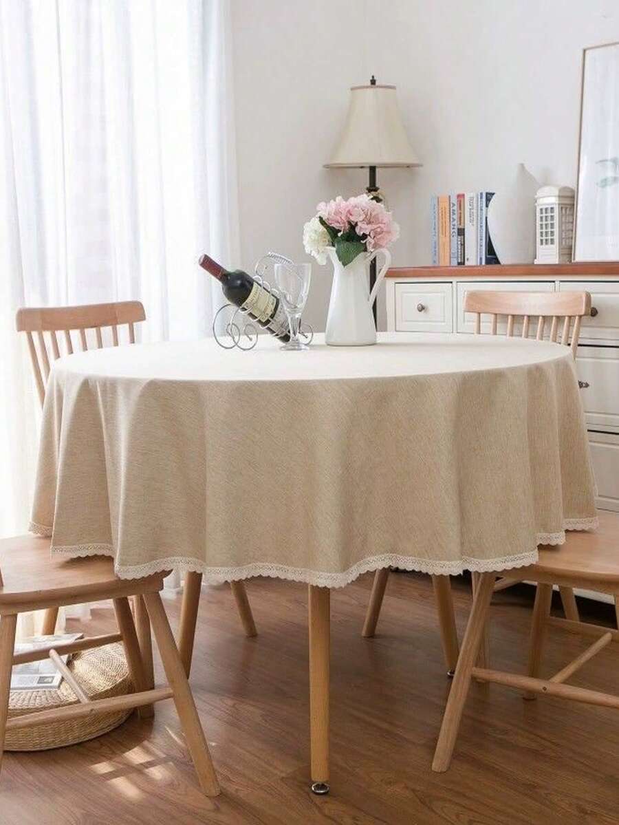1 件圆形亚麻蕾丝边桌布，适用于客厅、餐厅、圆桌、婚礼装饰、家居装饰、生日派对、户外 - 米色 - 查看 1