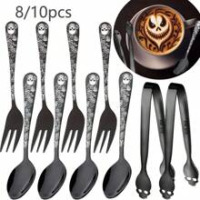 8/10 peças Conjunto de Colheres de Café, Colheres de Sobremesa, Pinças de Açúcar, Garfos de Fruta, Facas de Queijo, em Estilo Gótico de Aço Inoxidável, Crânio Preto e Rosas, Adequado para Halloween, Dia dos Mortos, Decoração de Mesa e Cozinha, Volta às Aulas