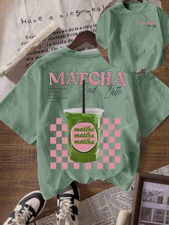 Damen Lässig Matcha Design Rundhals Kurzarm T-Shirt, Sommer