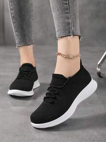 女士纯白色休闲鞋一脚蹬针织鞋，运动休闲袜鞋，轻便透气舞蹈鞋 - 黑與白 - 查看 5