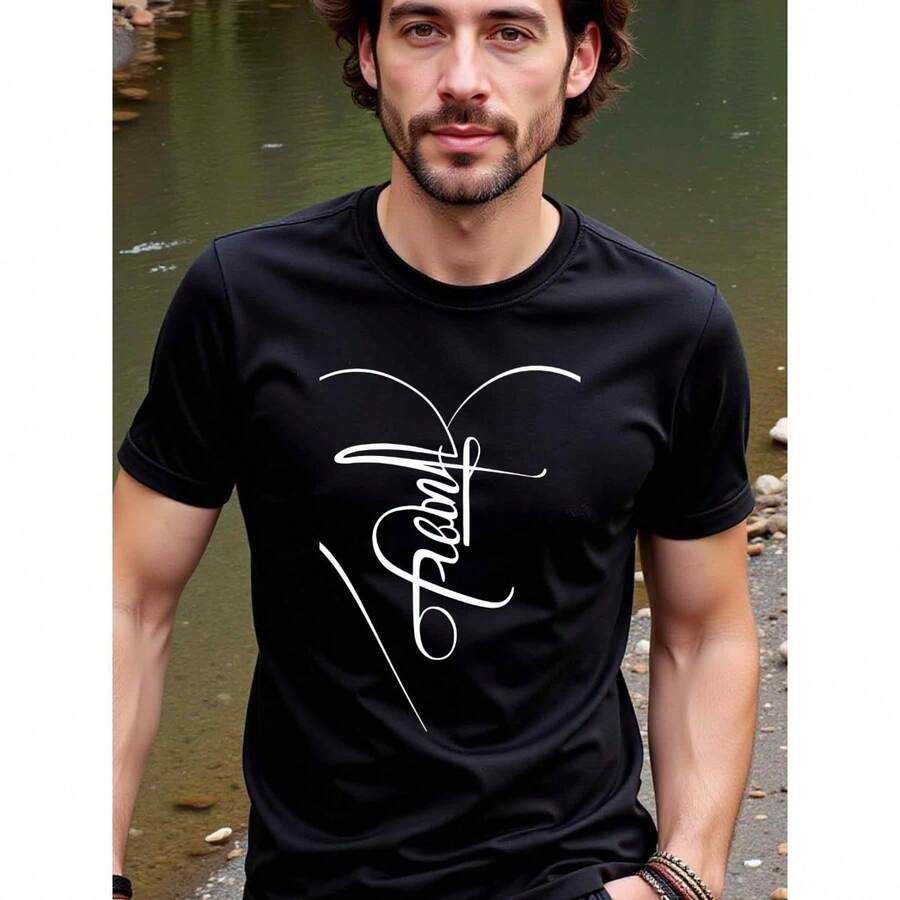1pc Natee Modern Script Frank Black T-Shirt, 100% Fabric, Men's T- Shirt, Crew Neck, Short Sleeve, Regular Fit, Print Tee Shirt, Tees For Men, Casual Short Sleeve T- Shirt For Summer, Tops As Gifts As Gift - Black - View 1