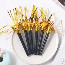 10 piezas, grandes de 11 cm/4.3 in, de material plástico, color negro, dorado y plateado, para cumpleaños, bodas, aniversarios, despedidas de soltero, carnavales, festivales para crear ambiente, celebrar, creatividad, borlas, silbatos de dragón de aire, accesorios de sonido, pequeños regalos para amigos