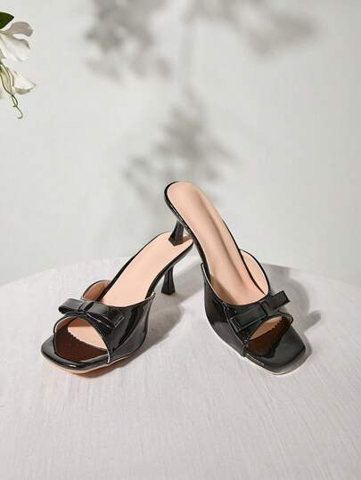 女士蝴蝶结装饰金字塔高跟凉鞋，优雅黑色高跟凉鞋，圣诞节冬季圣诞礼物