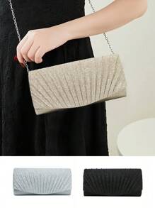 1pc Horizontal Square Hard Material Stylish Evening Bag With Crinkled Trim Open Pocket Evening Bag Everyday Wear Women's Bag Chain Shoulder Bag Clutch Bag Suitable For Going Out For Party And Commuting